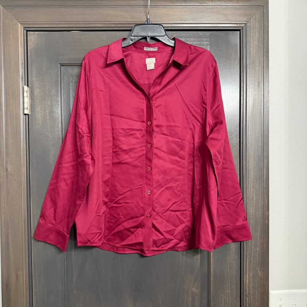 Chicos No Iron 100% Cotton Button Down Shirt Berry Red Size 3 US 16/18 LS
